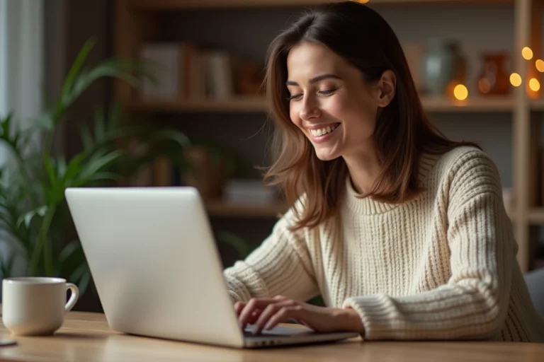 Femme parcourant un site d'achat de bijoux en ligne sur son ordinateur portable depuis son bureau à domicile