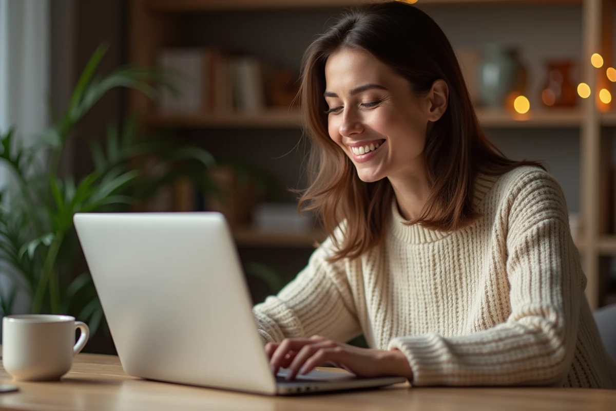 Femme parcourant un site d'achat de bijoux en ligne sur son ordinateur portable depuis son bureau à domicile