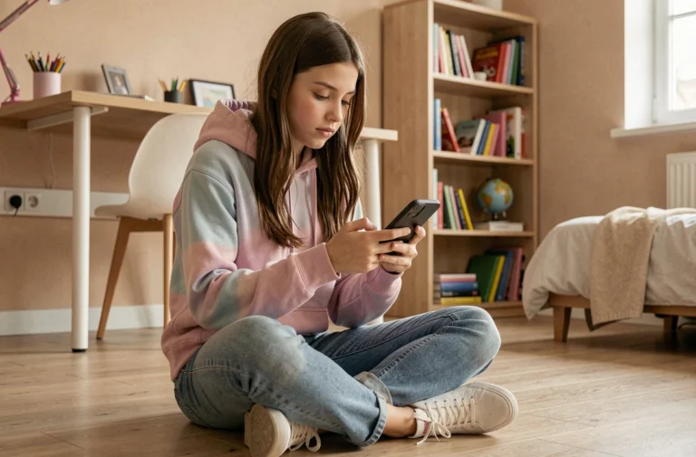 Adolescente comparant des forfaits mobiles Free sur son smartphone dans sa chambre
