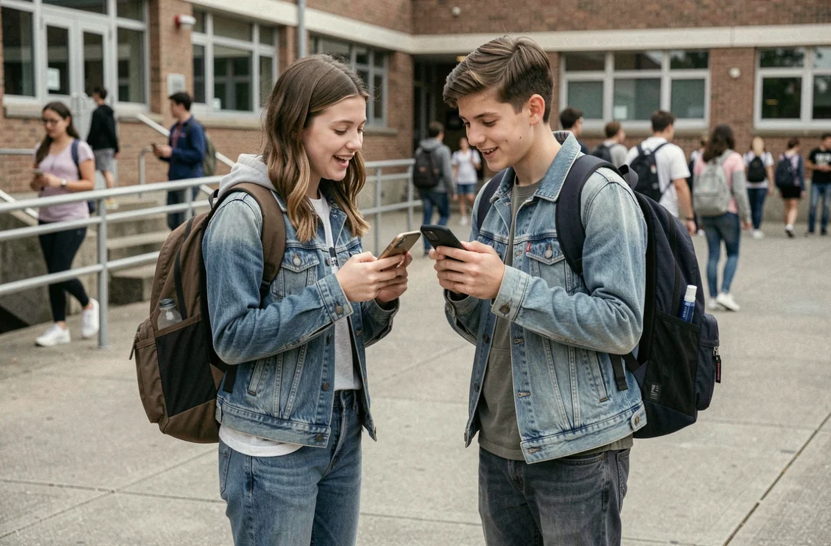 Deux adolescents comparant leurs forfaits Free Mobile devant leur lycée