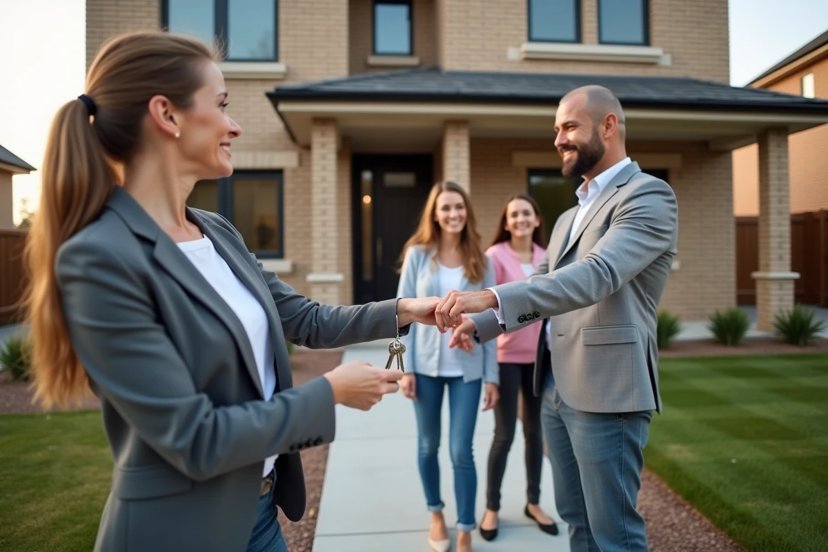 Agent immobilier donnant les clés à une famille devant une maison neuve