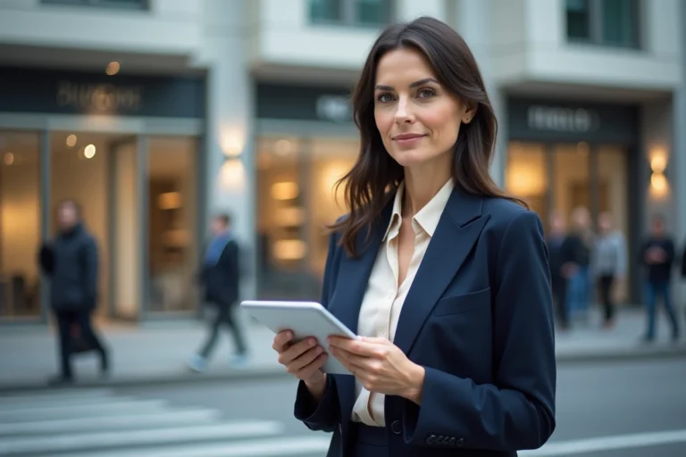 Agent immobilière professionnelle devant un immeuble moderne consultant des annonces immobilières sur une tablette numérique