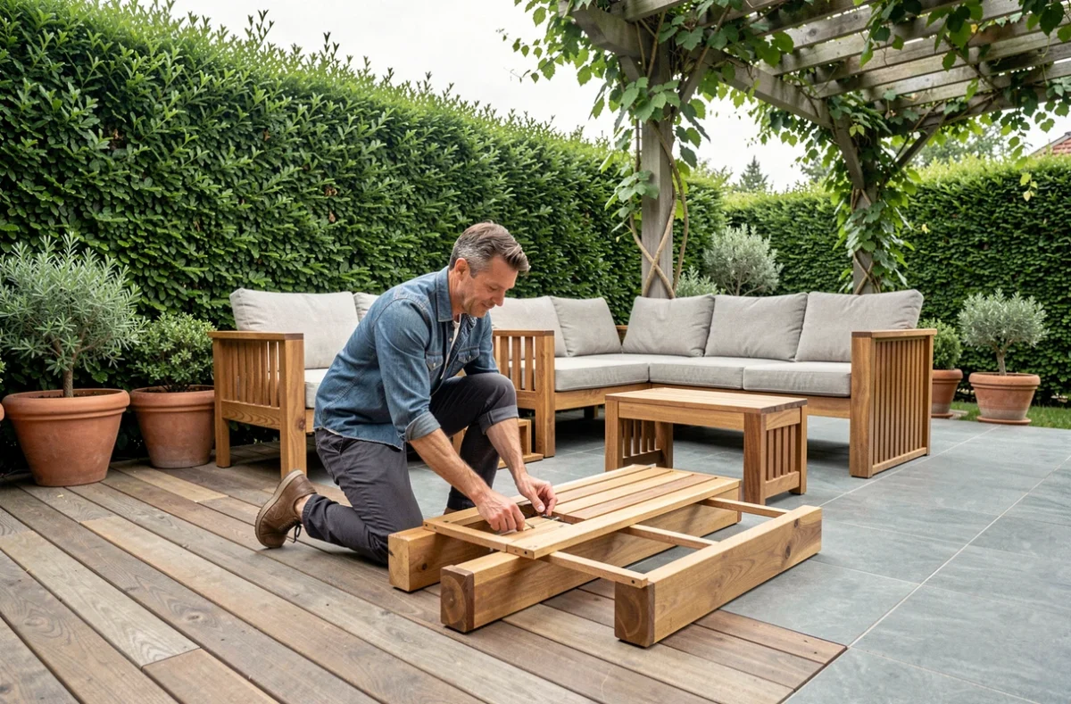 Homme assemblant un meuble de jardin modulable sur une terrasse en bois entourée de plantes méditerranéennes