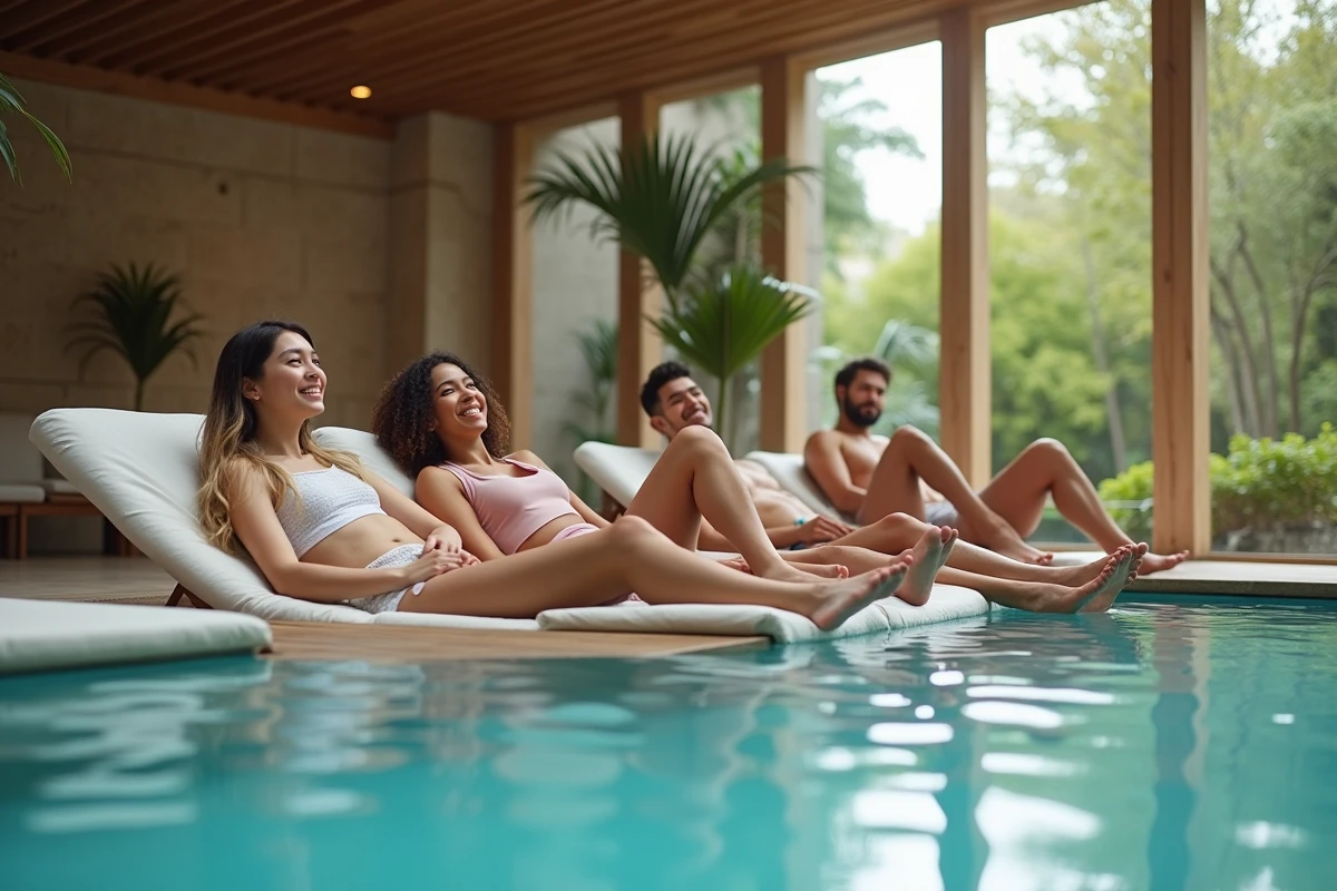 Amis détendus au bord de la piscine intérieure
