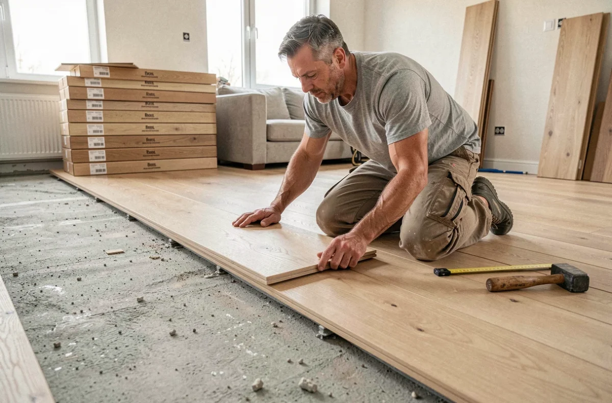 Artisan posando um parquet em madeira clara durante a renovação de uma sala