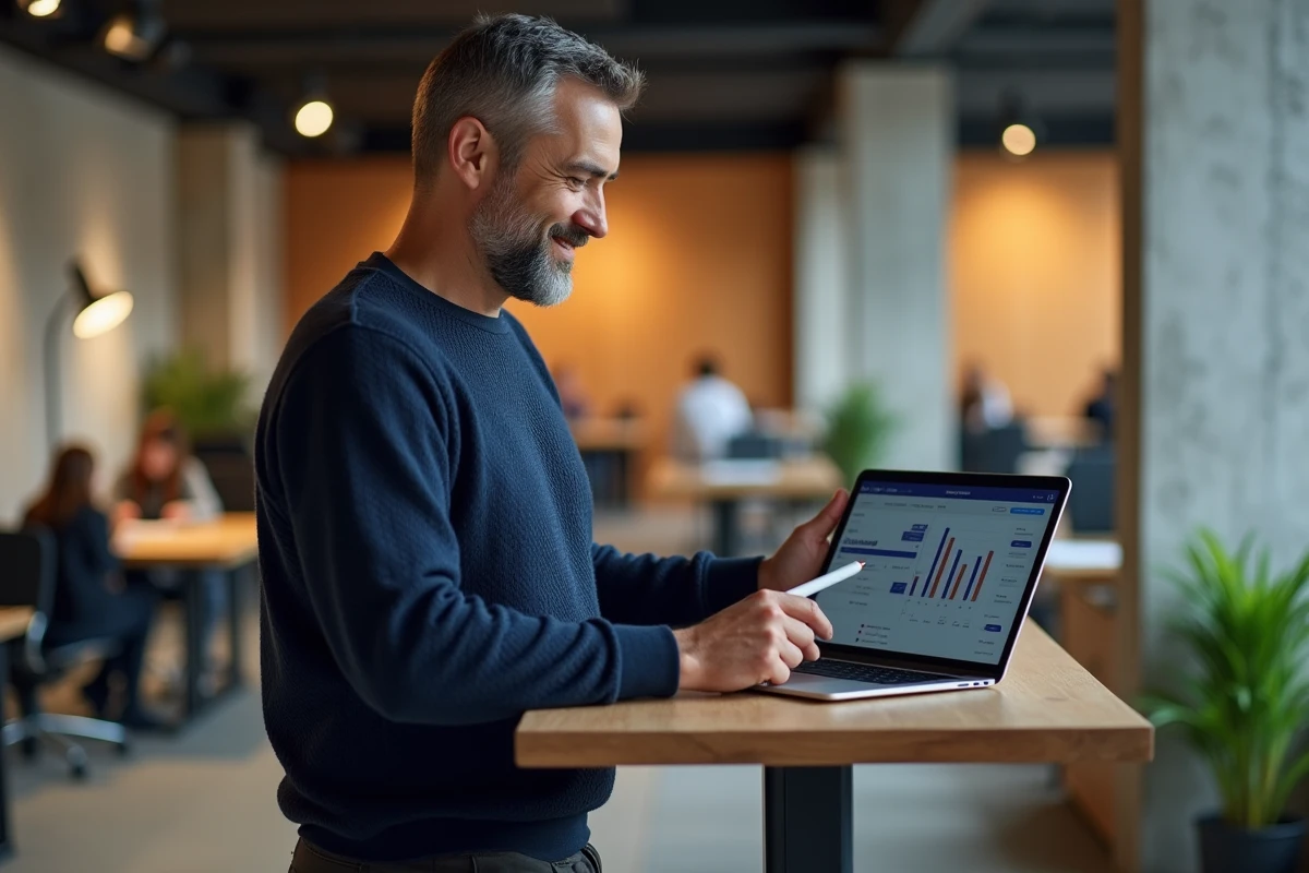 Auto-entrepreneur utilisant une tablette pour gérer ses services numériques dans un espace de coworking moderne