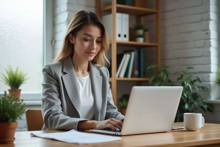 Auto-entrepreneuse consultant les services en ligne pour sa gestion administrative depuis son bureau à domicile
