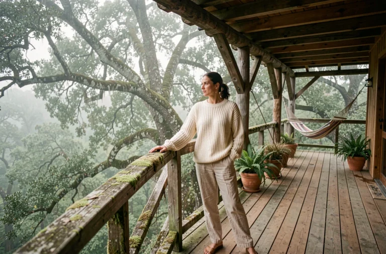 Femme en pull en laine sur la terrasse en bois d'une cabane dans les arbres au milieu d'une forêt brumeuse, hébergement insolite en pleine nature