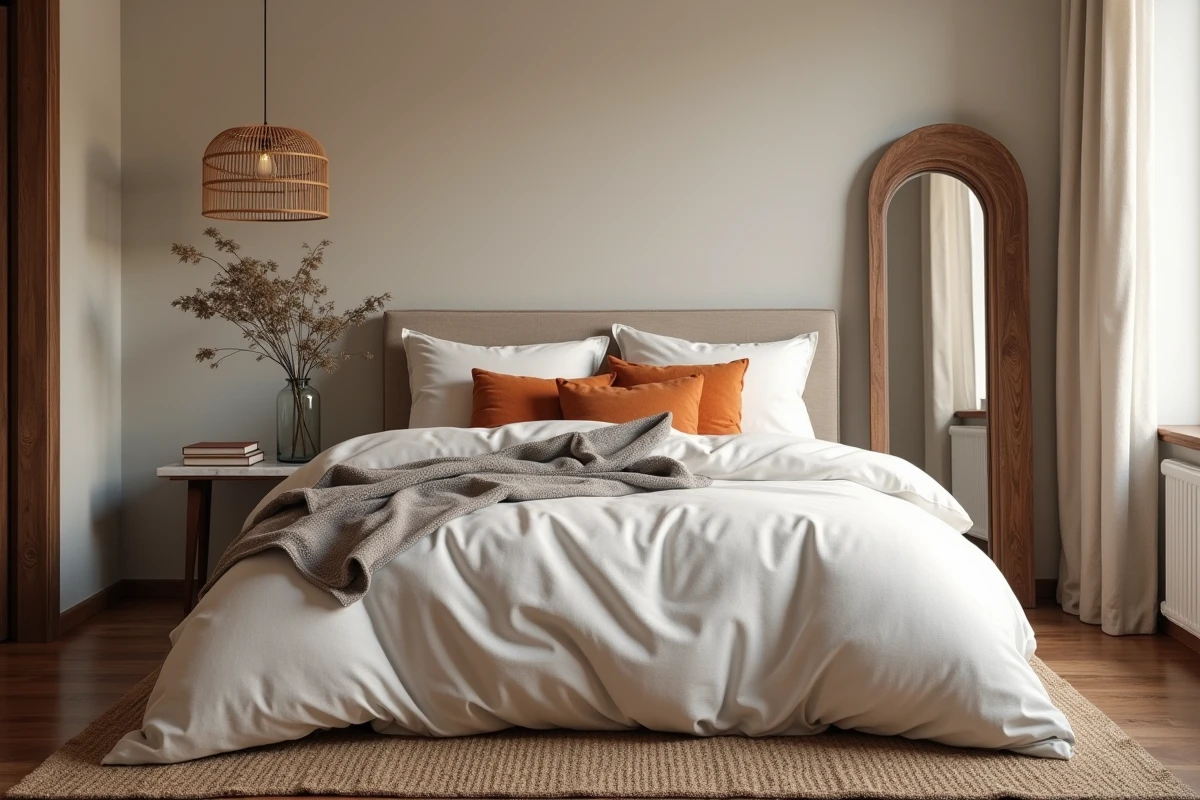Chambre à coucher moderne avec literie en lin, lampe en rotin et mur en badigeon de chaux pour une ambiance déco chaleureuse