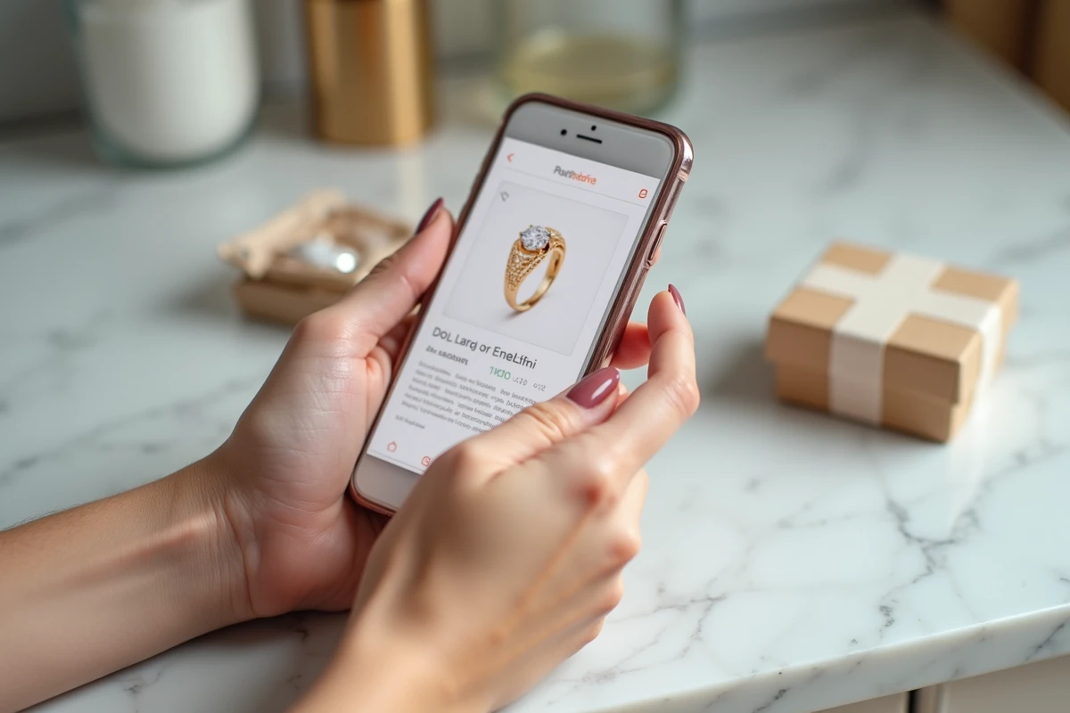 Mains de femme tenant un smartphone affichant une fiche produit de bijou en ligne avec un colis de livraison de bijoux en arrière-plan