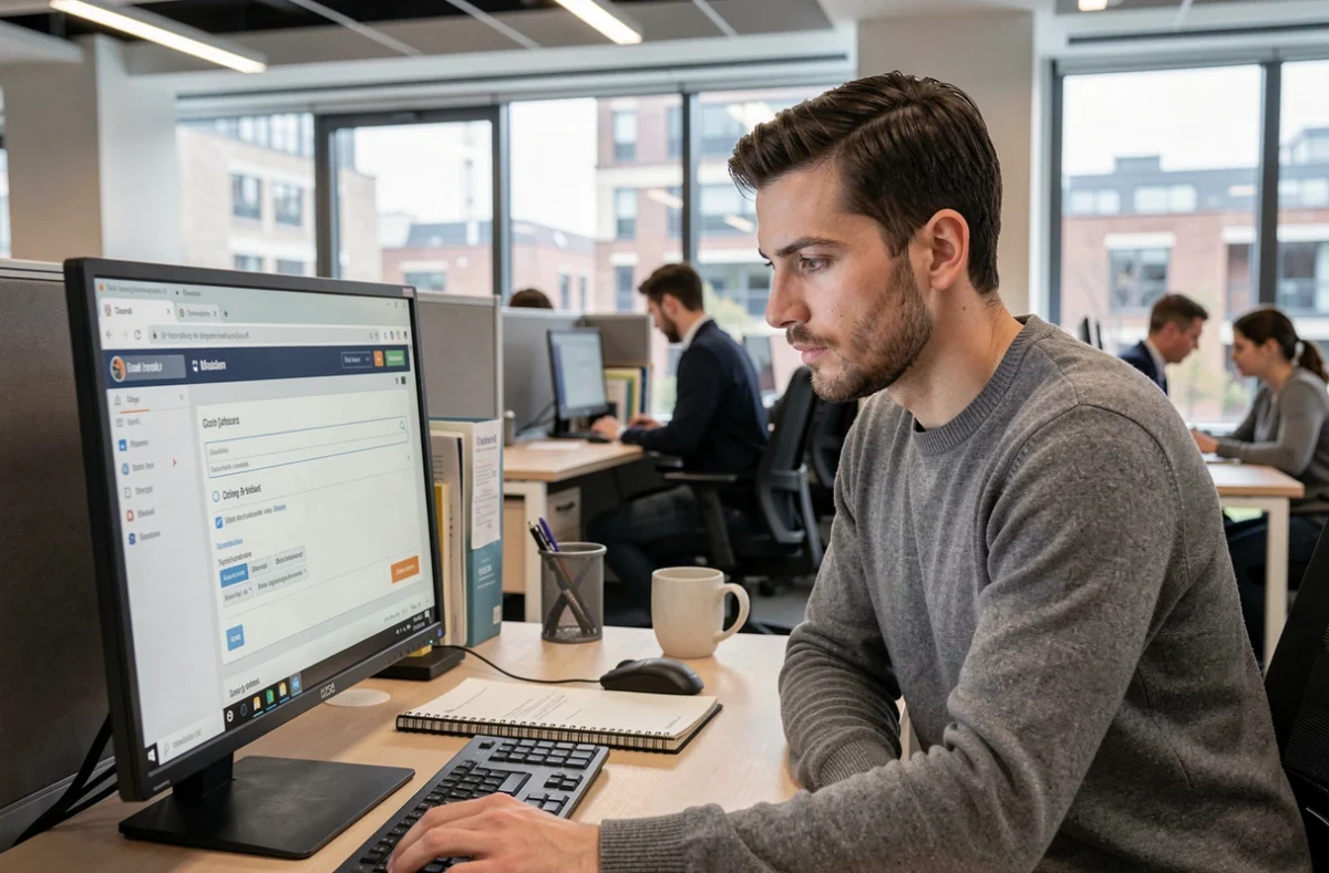 Homme configurant son compte sur un site d'offres d'emploi depuis un poste de travail en open space