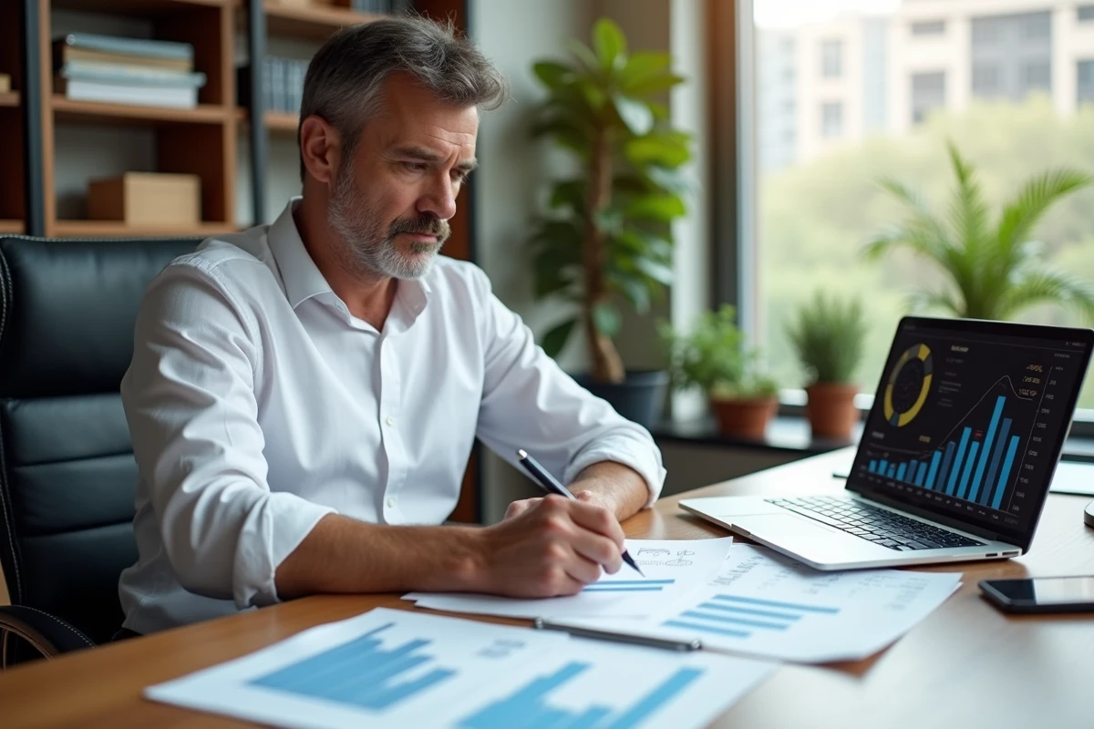 Conseiller financier analysant les tendances du marché immobilier 2024 avec des graphiques et rapports sur son bureau