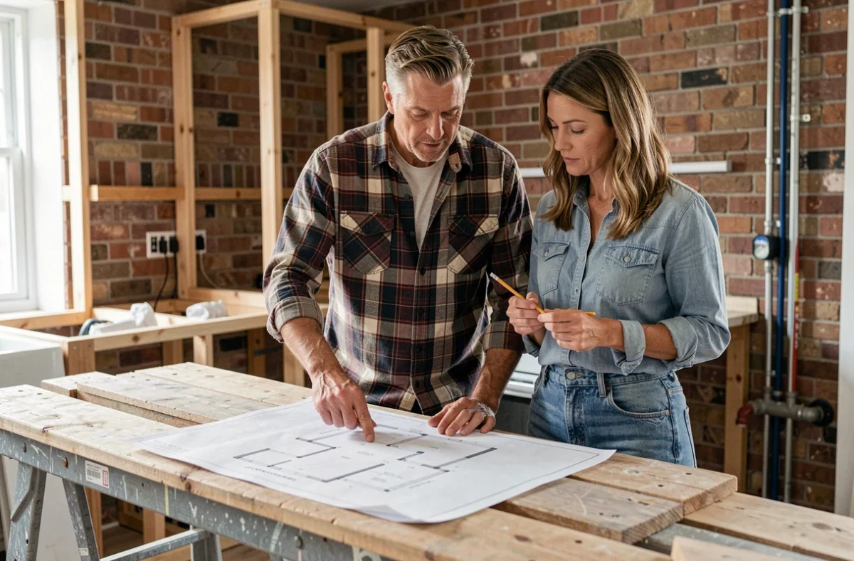 Casal consultando planos de renovação em uma cozinha em obras