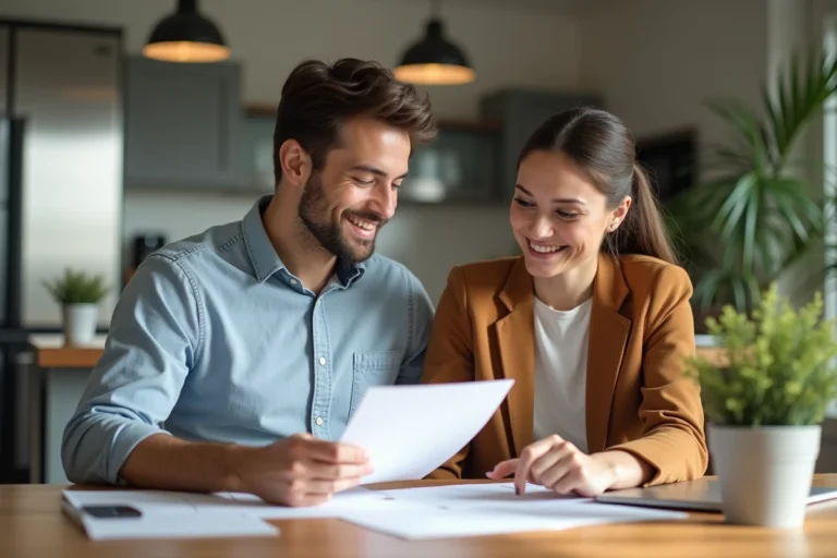 Couple souriant en train de revoir des documents dans un appartement moderne
