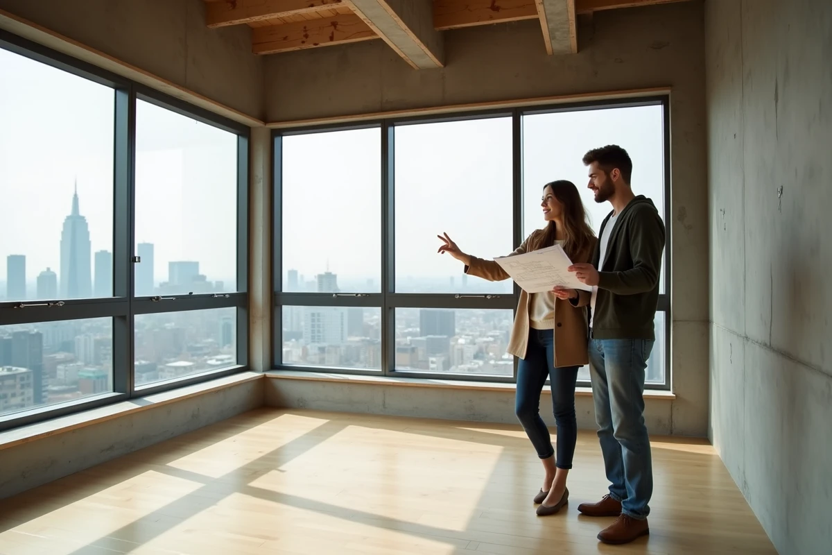 Jeune couple visitant un appartement rénové avec vue sur la ville lors d'une visite immobilière