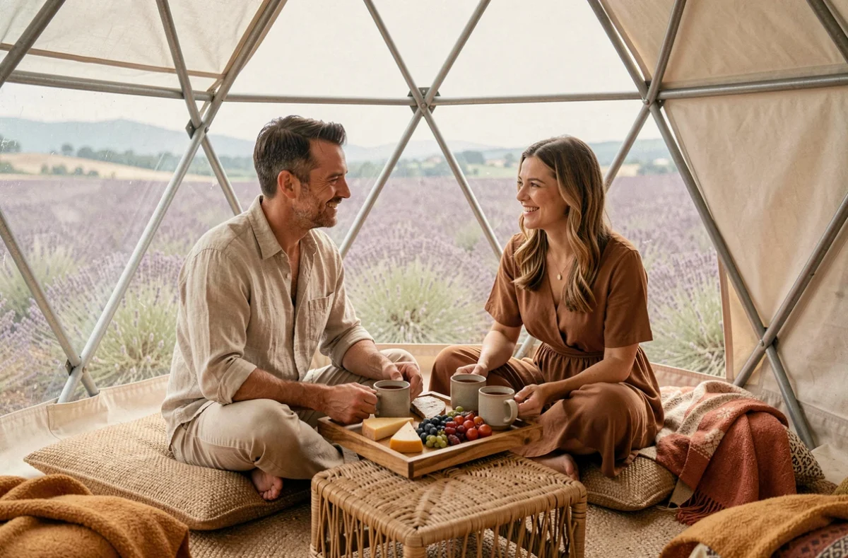 Couple partageant un repas local à l'intérieur d'un dôme géodésique avec vue sur un champ de lavande, séjour insolite et expérience authentique en pleine campagne