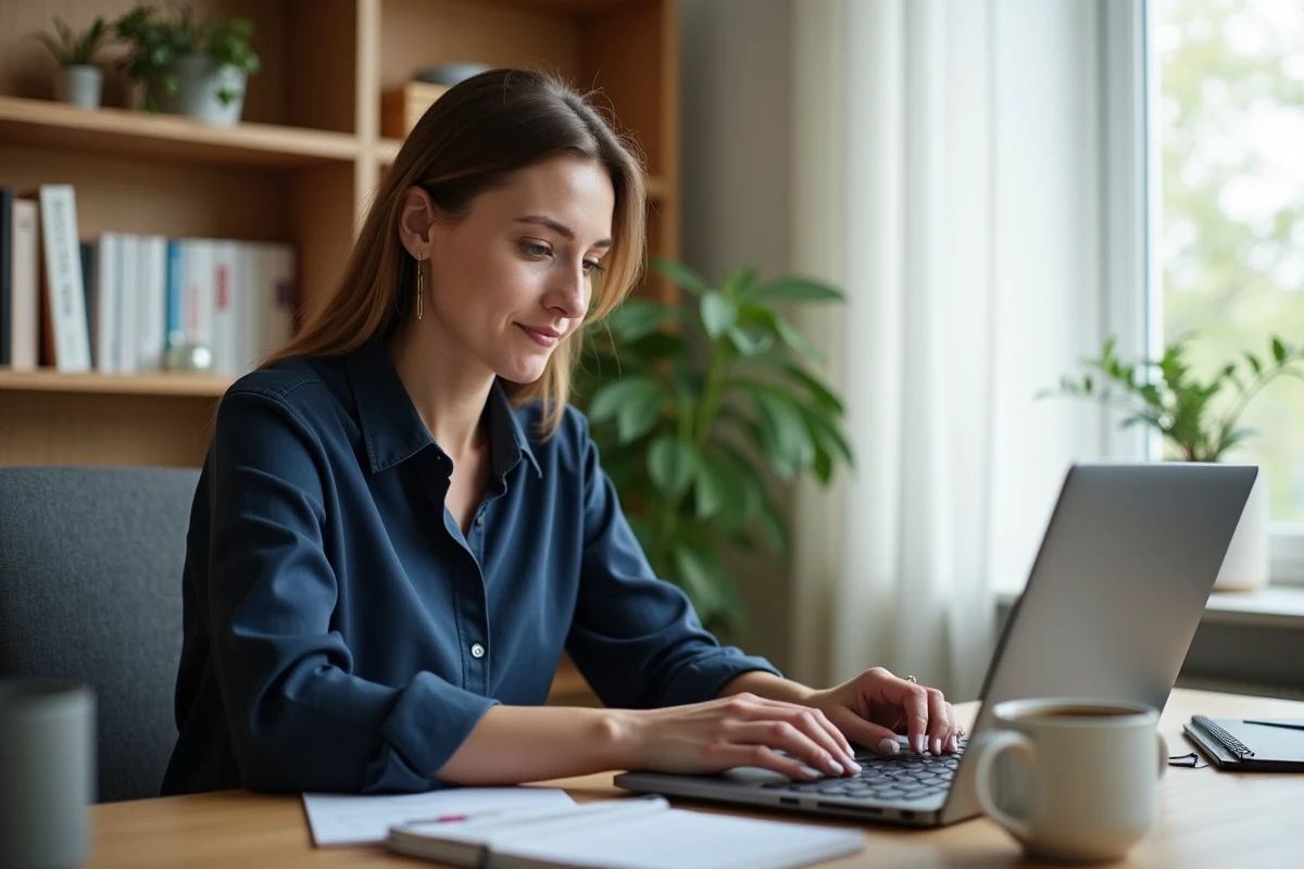 Employée Lidl consultant son espace personnel en ligne pour retrouver une ancienne fiche de paie sur ordinateur portable