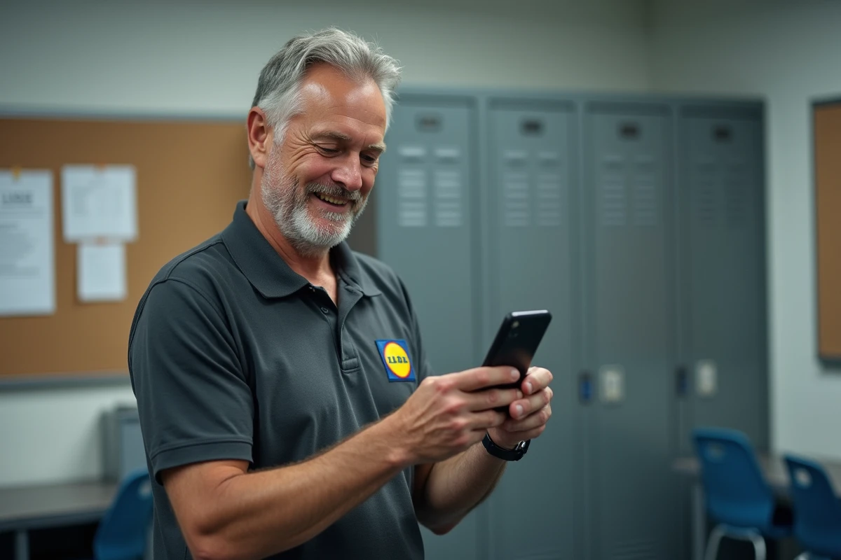 Employé Lidl en salle de pause accédant à une ancienne fiche de paie via une application mobile RH