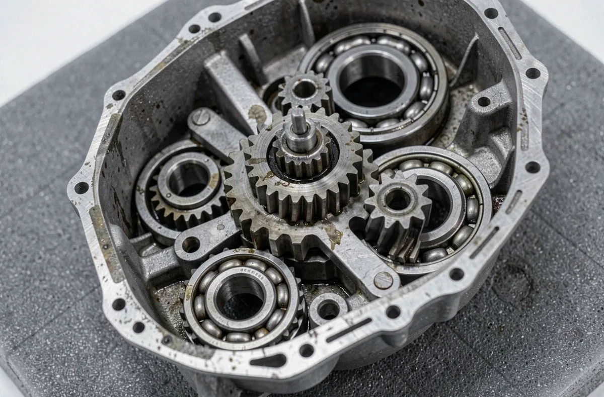 Vue rapprochée des engrenages hélicoïdaux et des synchroniseurs d'une boîte de vitesse automobile démontée sur fond industriel