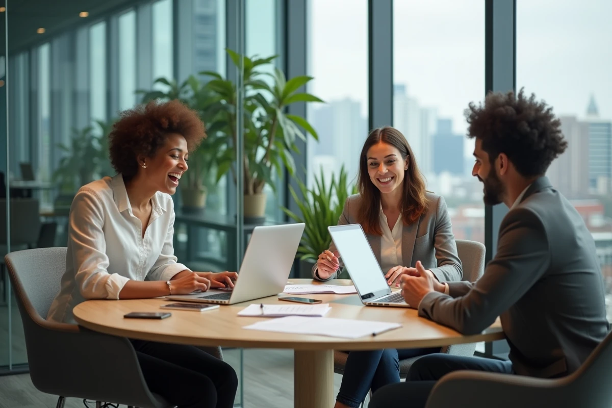 Groupe de trois professionnels en réunion collaborative autour d'une table dans une salle de conférence vitrée moderne