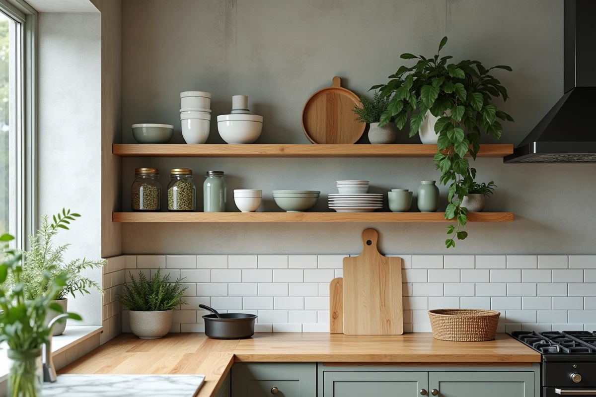 Étagère de cuisine ouverte avec céramiques, bocaux en verre et plantes vertes sur mur en béton brut pour une déco intérieure tendance