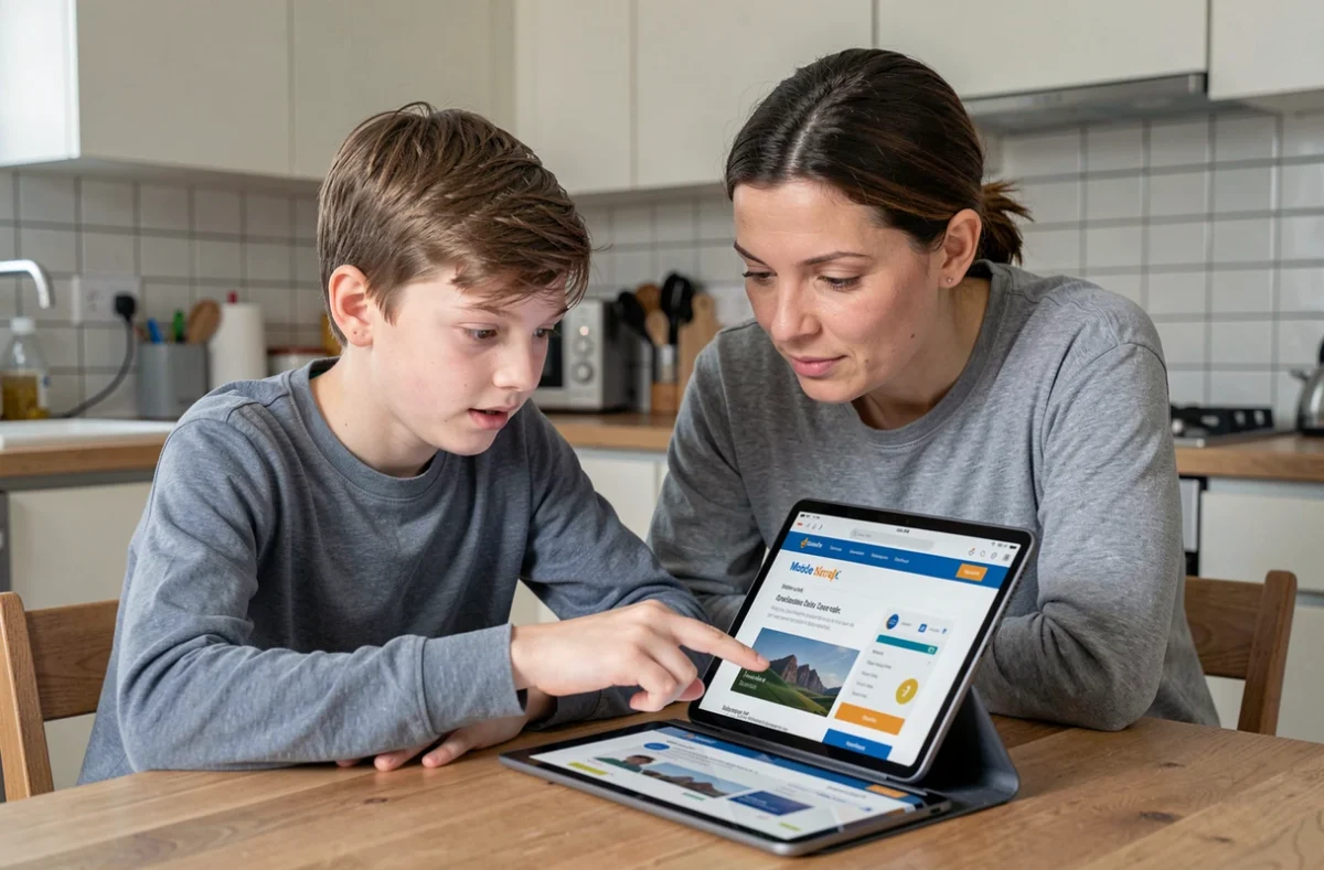 Adolescent et parent choisissant ensemble un forfait Free Mobile sur une tablette