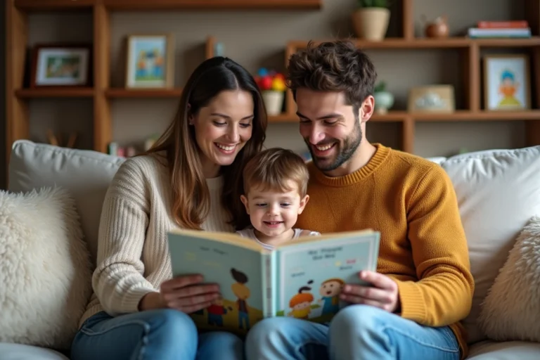 Jeune famille lisant un livre pour enfants dans le salon