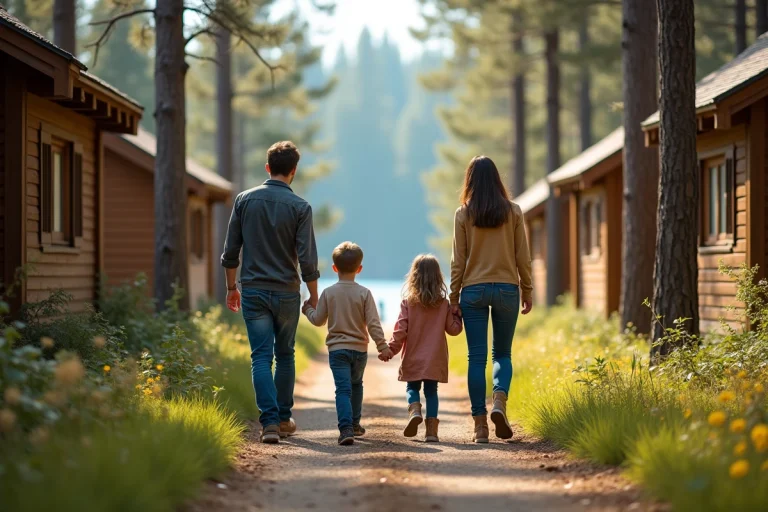 Famille en promenade dans la forêt près d'un lac