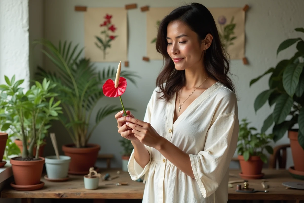 Femme tenant une fleur d'anthurium rouge hawaïen dans un atelier botanique avec des pots en terre cuite et des illustrations botaniques