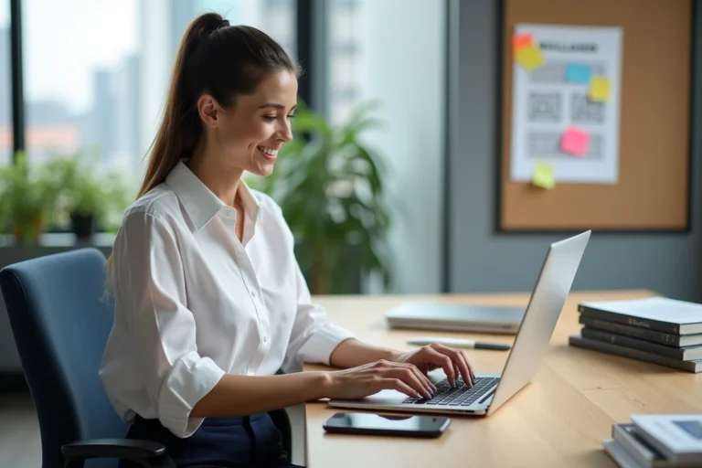 Femme au bureau moderne travaillant sur son ordinateur portable