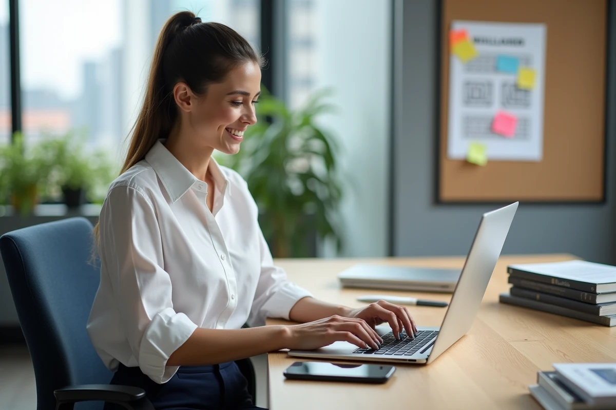 Femme au bureau moderne travaillant sur son ordinateur portable