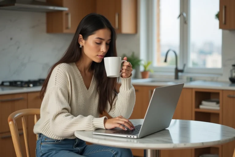 Jeune femme lisant les actualites dans une cuisine lumineuse