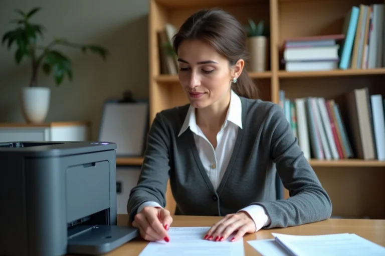 Femme professionnelle examinant une imprimante laser moderne