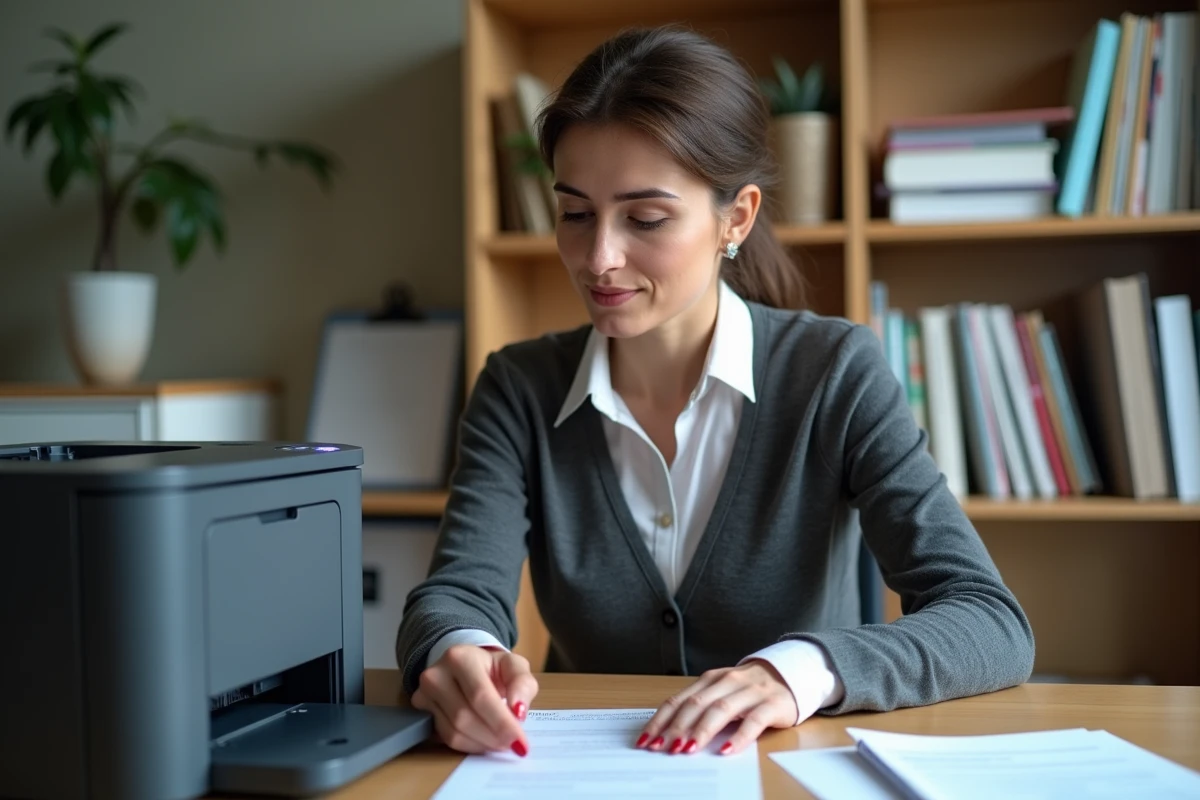 Femme professionnelle examinant une imprimante laser moderne