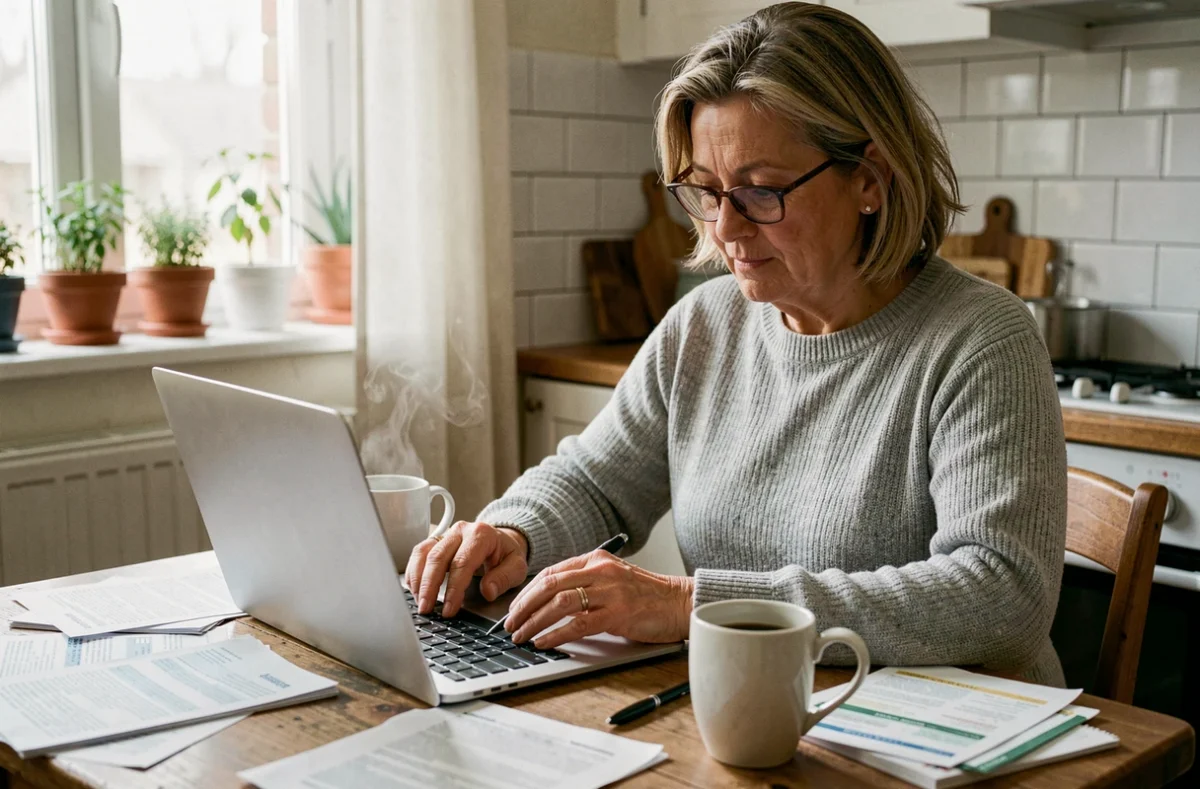 Femme d'une cinquantaine d'années remplissant sa déclaration d'impôts en ligne sur un ordinateur portable à la table de sa cuisine, entourée de documents fiscaux