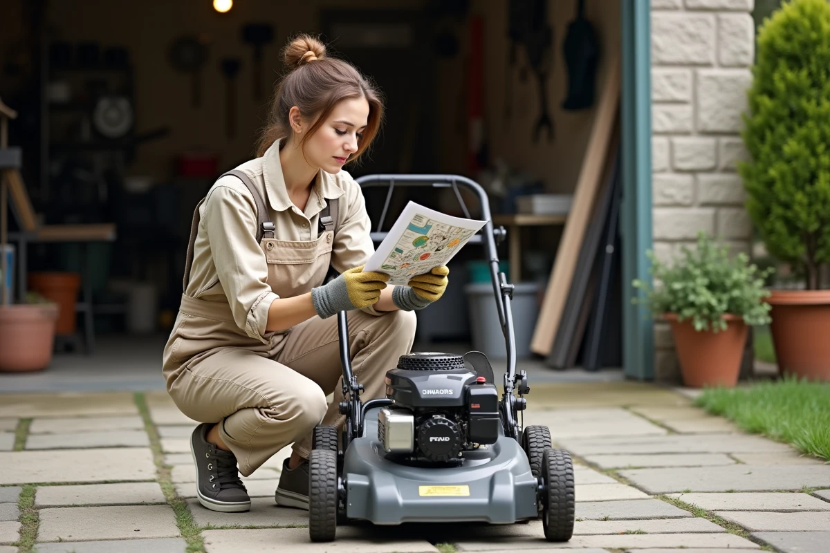 Femme en overalls lisant un manuel de maintenance de la tondeuse