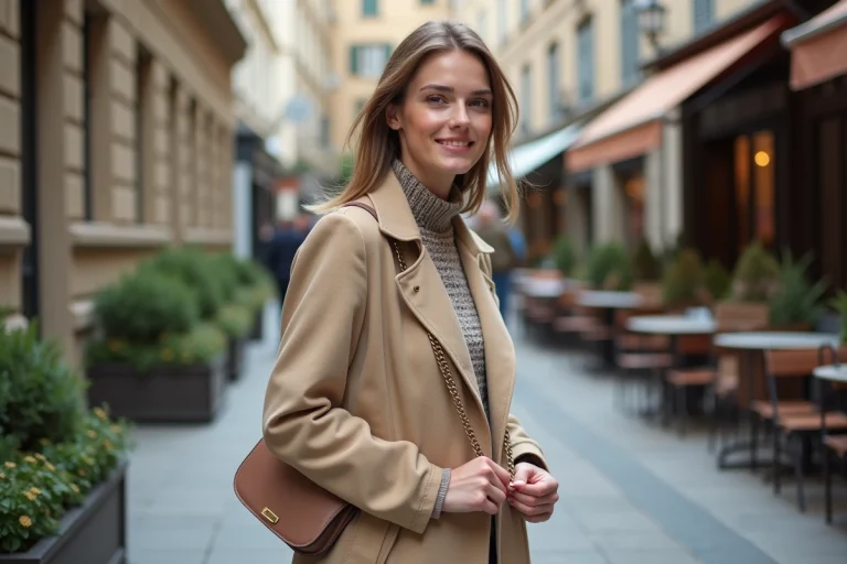 Femme élégante en trench beige dans une rue européenne