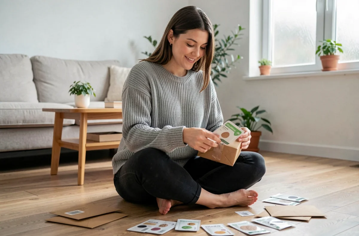 Jeune femme ouvrant un colis d'échantillons gratuits reçus à domicile, assise sur un parquet en bois clair