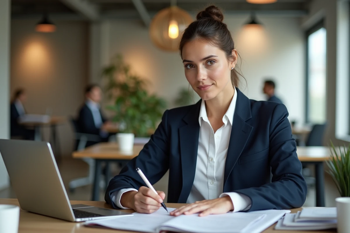 Femme professionnelle en blazer navy prenant des notes sur des documents de carrière dans un espace de coworking moderne