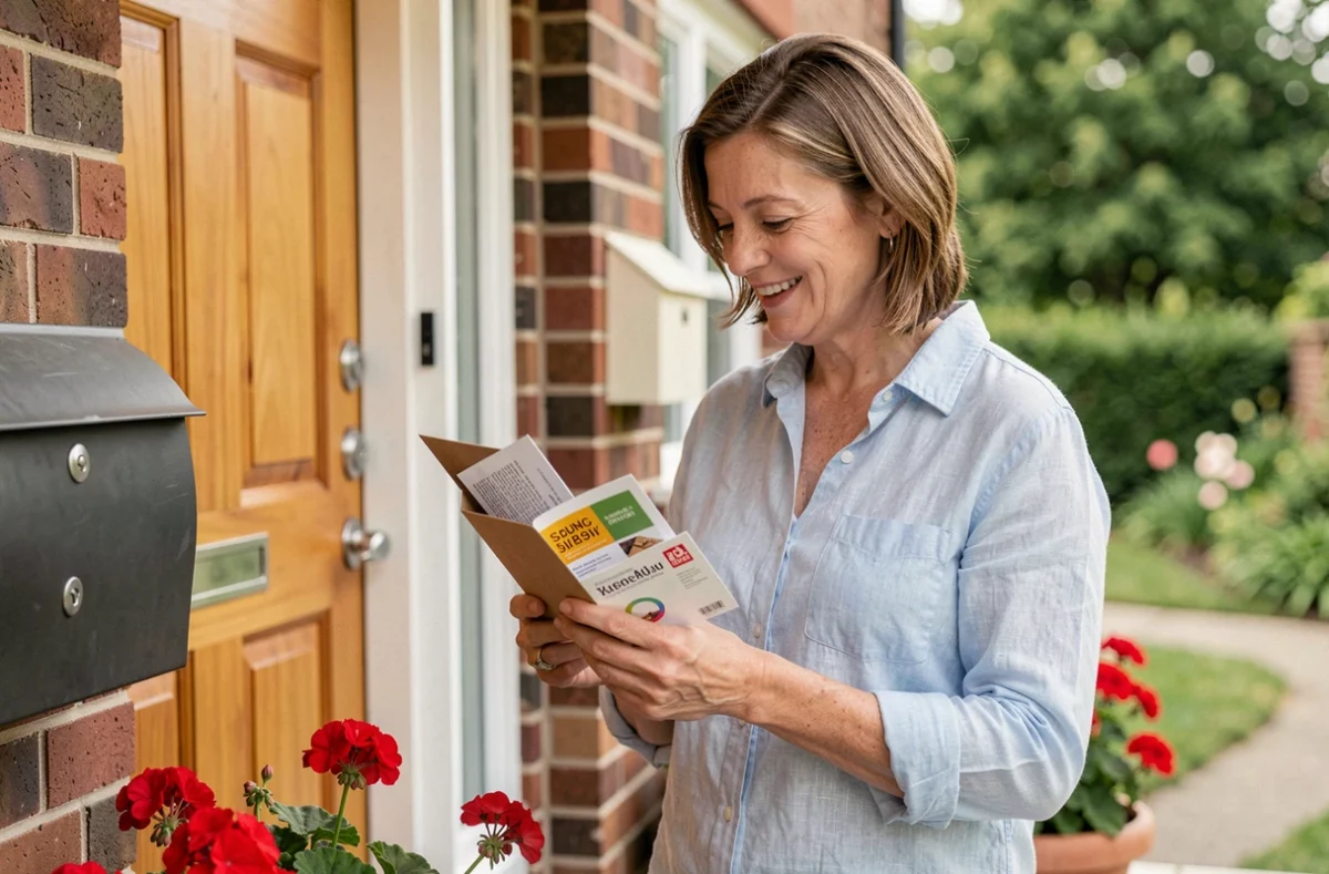 Femme récupérant des échantillons gratuits dans sa boîte aux lettres devant sa maison