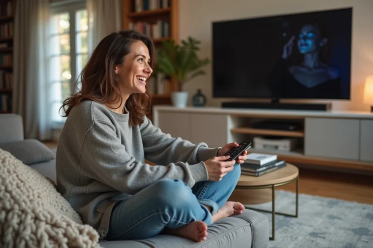 Femme souriante regardant la télévision dans un salon cosy