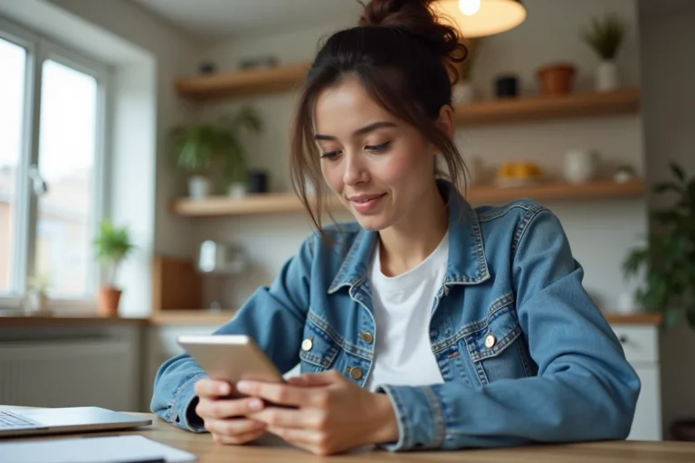 Femme en denim et t-shirt blanc utilisant son smartphone dans une cuisine lumineuse