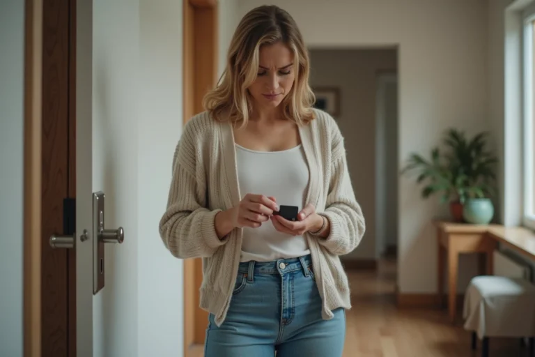 Femme inquiète examine badge de sécurité dans son appartement