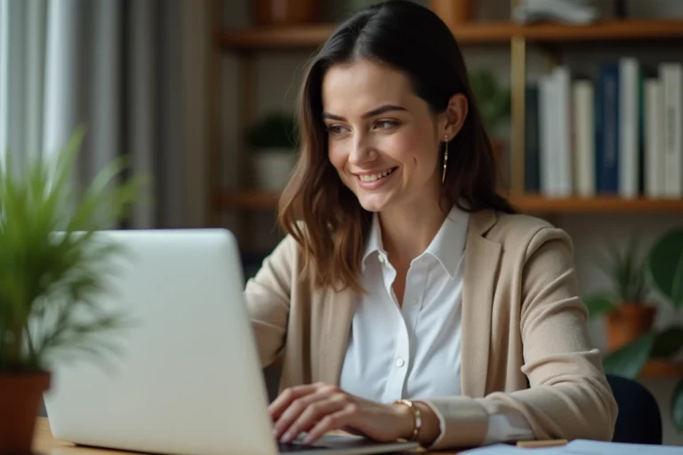 Jeune femme au bureau regarde son ordinateur