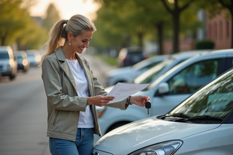 Femme souriante avec clés de voiture et documents