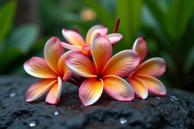 Gros plan d'une fleur de plumeria hawaïenne aux pétales corail et crème sur roche volcanique humide entourée de feuillage tropical