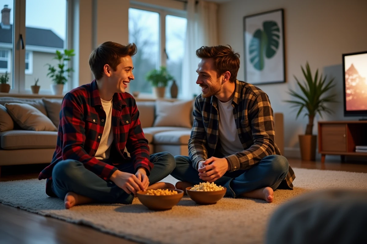 Garçon et père riant en préparant des snacks pour un film