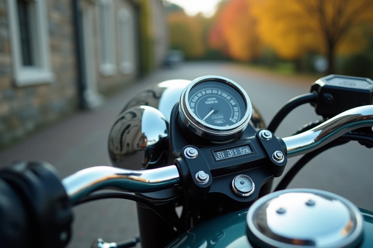 Gros plan sur le compteur kilométrique analogique d'une moto vintage avec cadran noir et chiffres blancs