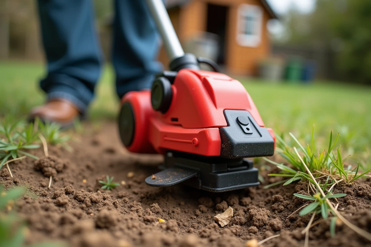 Gros plan sur la tête de coupe de la débroussailleuse Parkside PBS 2 D4 avec débris d'herbe sur sol de jardin