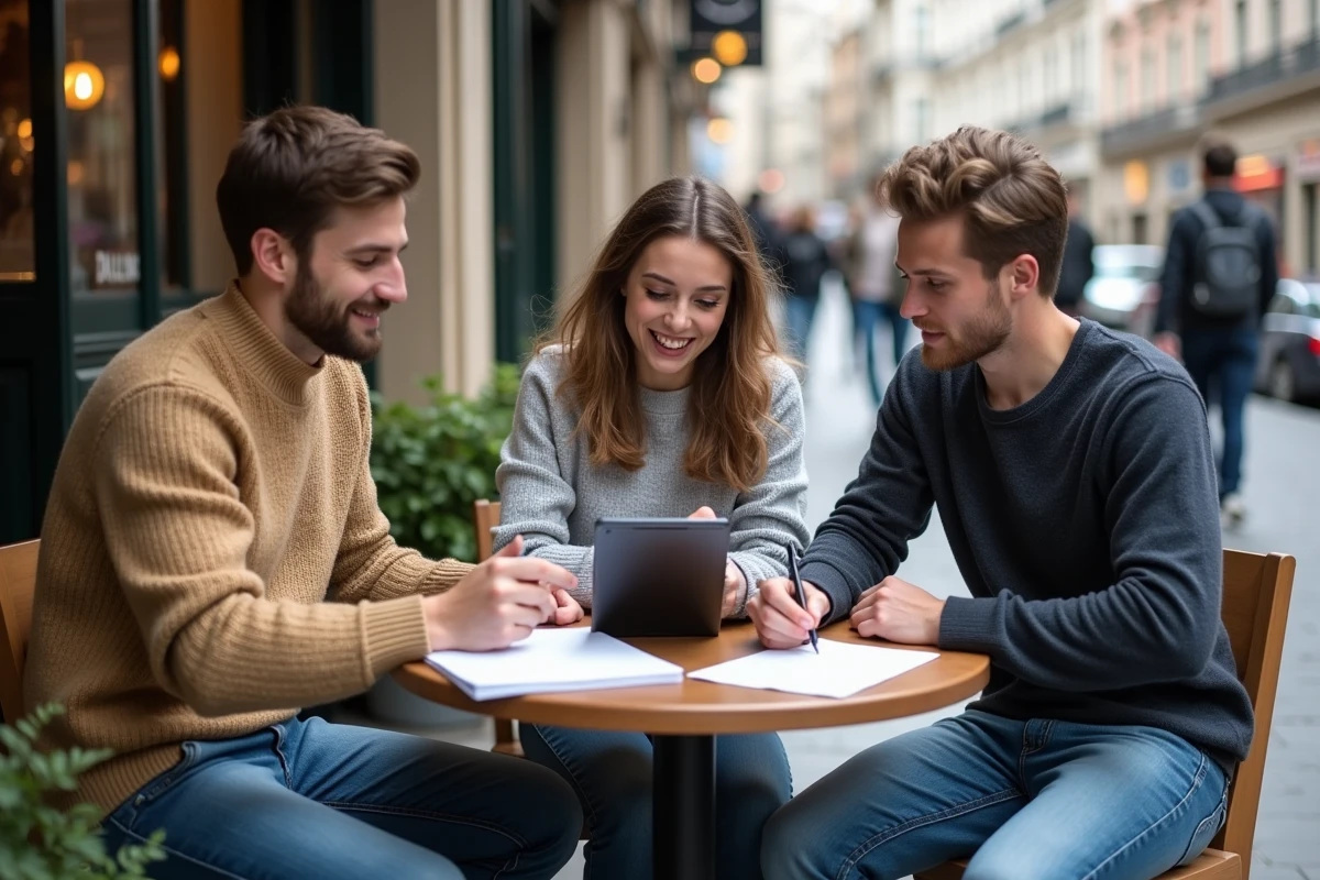 Jeunes discutant autour d une table de café en ville